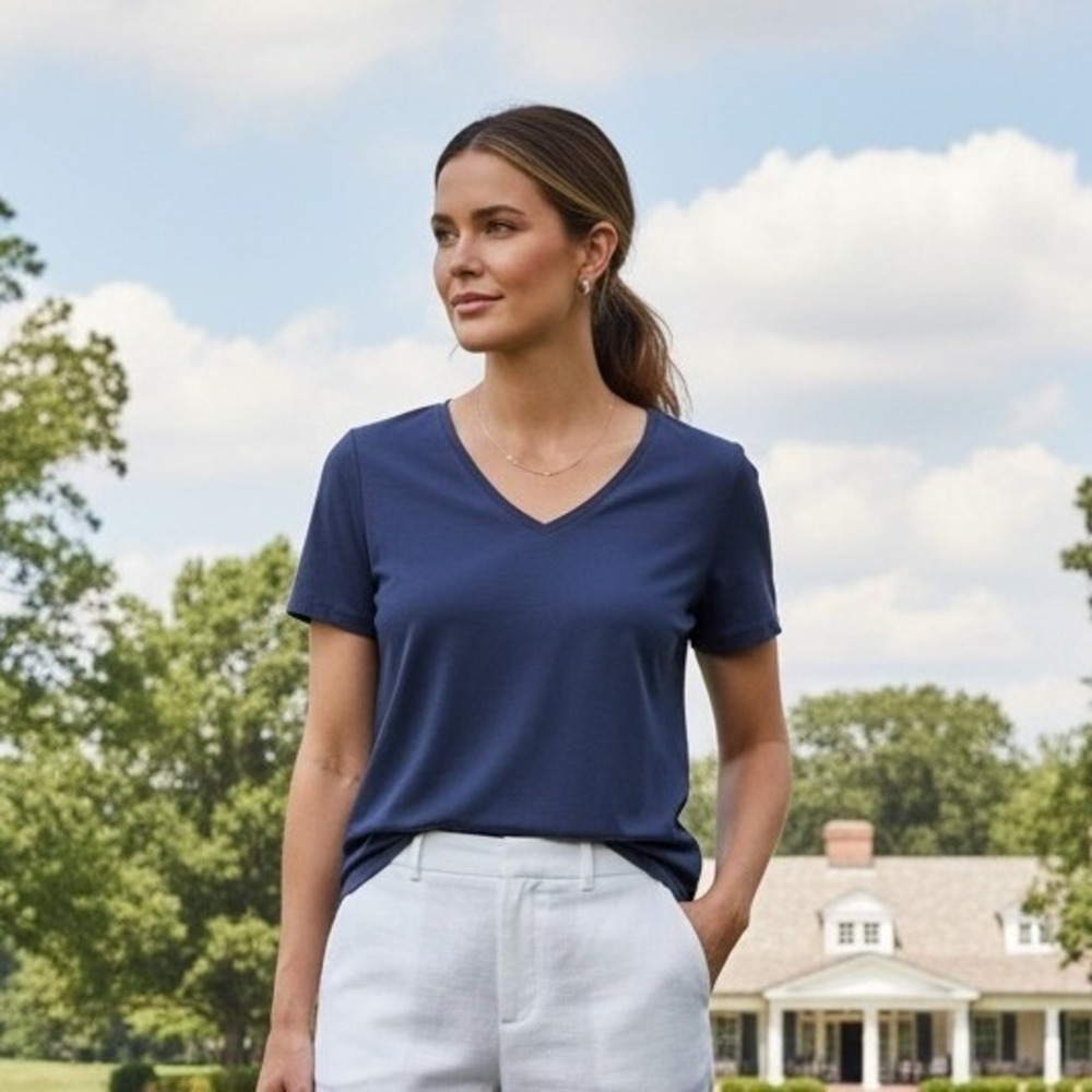 LLBean Womens V Neck Short Sleeve T Shirt Top L‎ PET Blue Supima Cotton